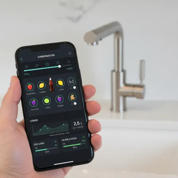 Smartphone app controlling a smart soda faucet, showing settings for carbonation and flavor.