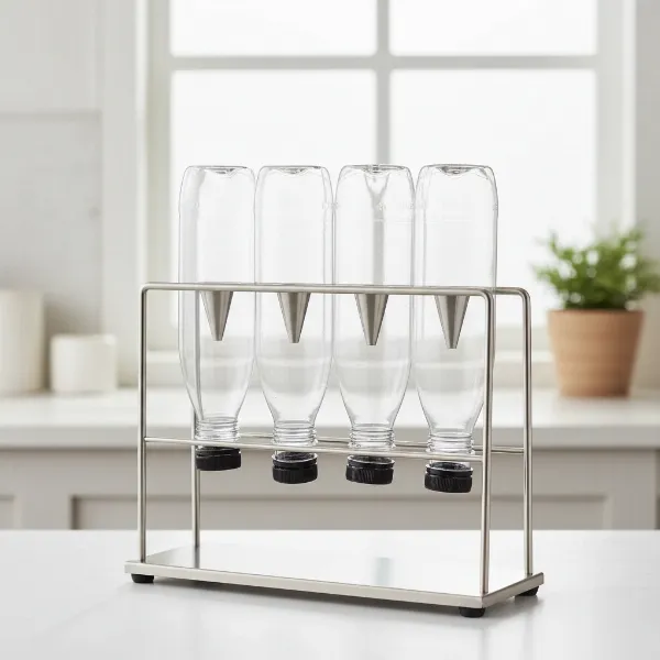 A modern stainless steel drying rack holding multiple inverted soda maker bottles and their caps