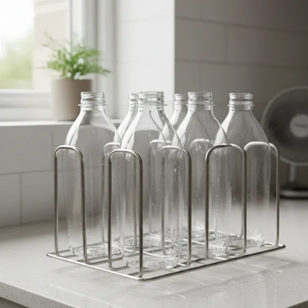 Soda maker bottles air drying upside down on a drying rack for optimal circulation.