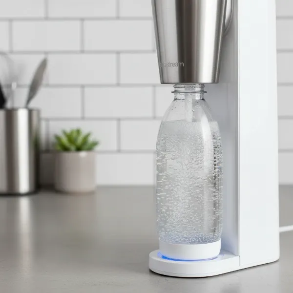 A modern soda maker actively carbonating a bottle of cold water, emphasizing the fizz.