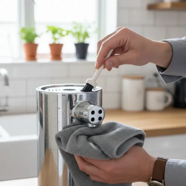A person cleaning the nozzle of a soda maker with a small brush and cloth, emphasizing preventative maintenance.