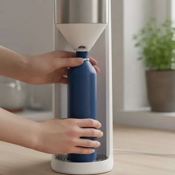 hands installing or checking a CO2 cylinder in a soda maker machine