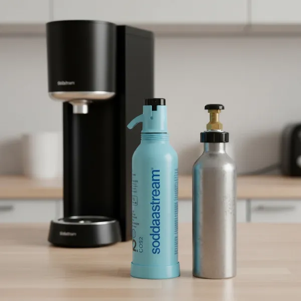 Different types of CO2 cylinders for soda makers, including proprietary and universal screw-in tanks.
