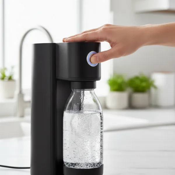 A person carefully pressing the carbonation button on a soda maker, showing the technique for extra fizz. 