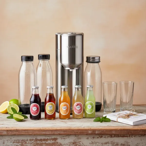 Curated soda maker gift set with machine, extra bottles, flavor syrups, and elegant glasses.