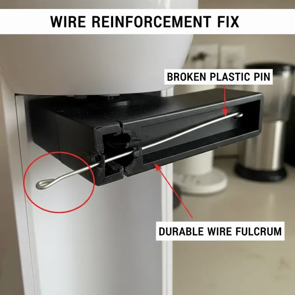Diagram or photo showing a wire reinforcement fix on a soda maker's carbonating lever.