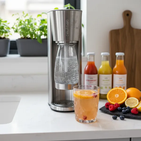 A soda maker on a kitchen counter with fresh fruit, juice concentrates, and a glass of sparkling fruit soda.