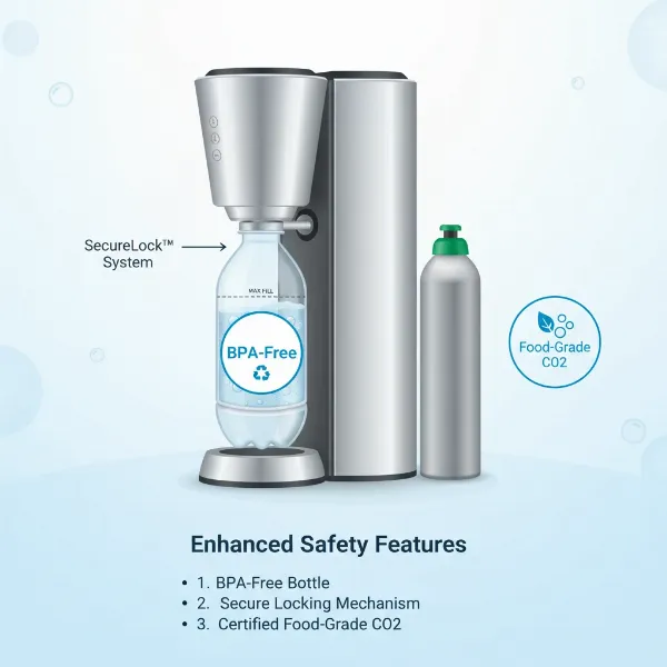 Essential safety features for a soda maker, including BPA-free bottles and secure locking.