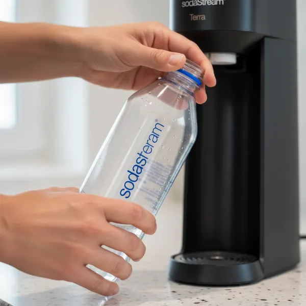 Demonstrating the correct "push up" and "angle out" technique to release a stuck SodaStream quick-connect bottle.