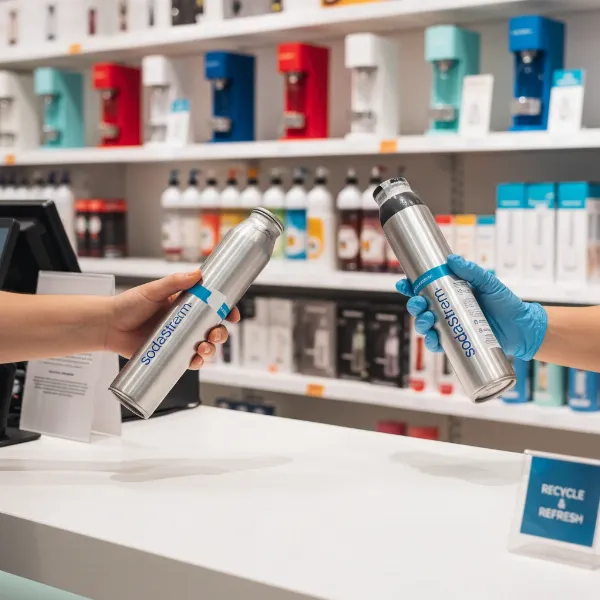 A person exchanging an empty SodaStream CO2 cylinder for a full one at a retail store.