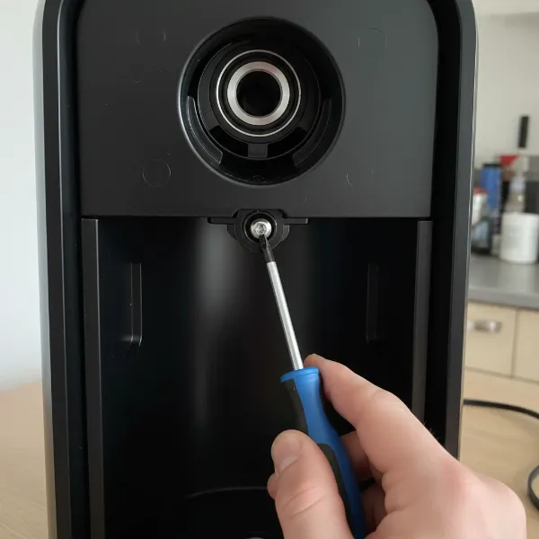 Locating and loosening the Philips screw underneath a SodaStream machine to release a stuck CO2 cylinder.