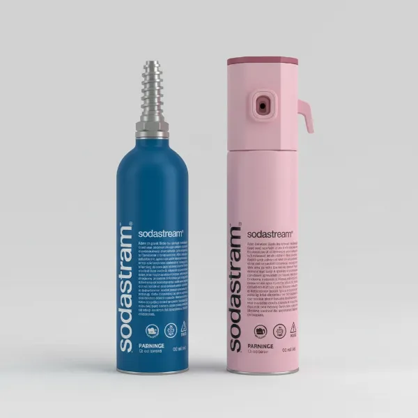 Illustration of SodaStream blue and pink quick-connect CO2 cylinders for sparkling water makers