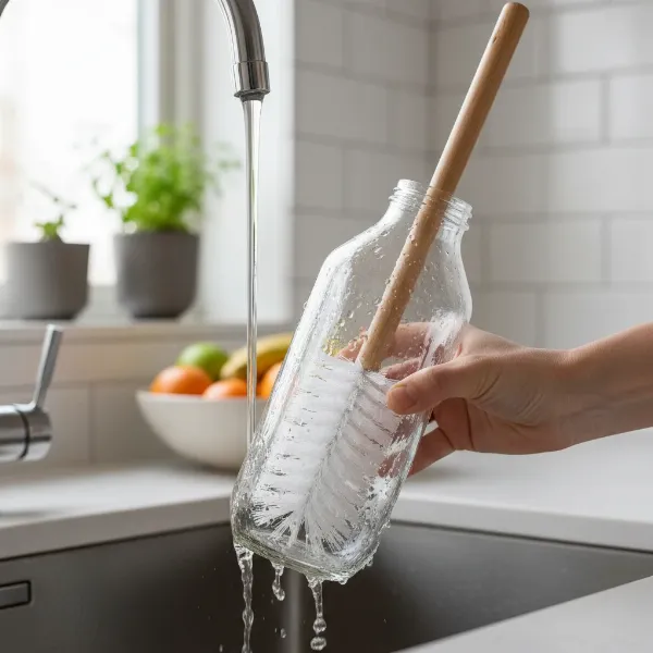 A hand cleaning a SodaStream Crystal glass carafe with a bottle brush, emphasizing hygiene and maintenance