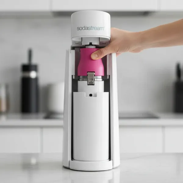 Pink-handled Quick Connect CO2 cylinder being inserted into the back compartment of a SodaStream Duo.