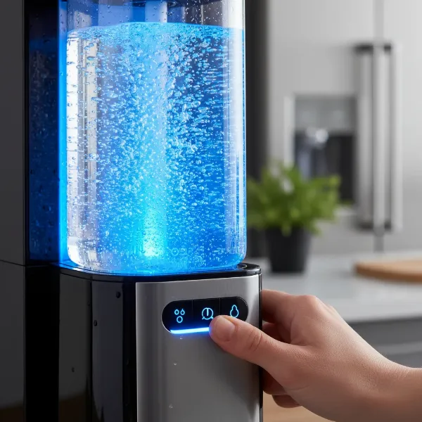 SodaStream E-Terra actively carbonating water with a vibrant blue light illuminating the bottle