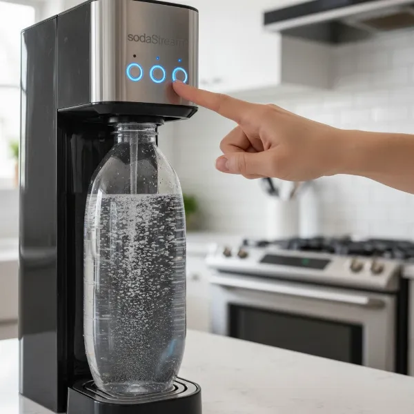A person operating a SodaStream One Touch, pressing a button for automatic carbonation, with water bubbling inside the bottle. User experience, convenience, modern kitchen, refreshing drink.