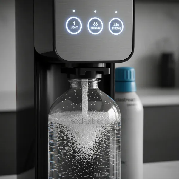 Close-up of a SodaStream Power showing one-touch buttons for automatic carbonation.