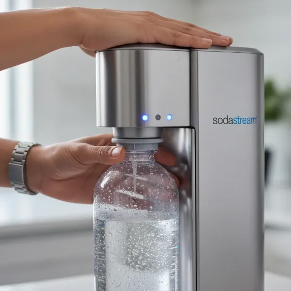 Hands operating a SodaStream Source, showing the snap-lock bottle and LED indicator.