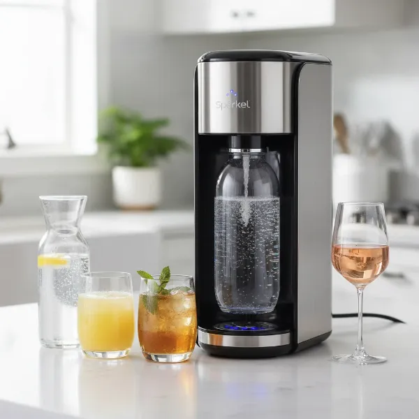 Spärkel Beverage System with various sparkling drinks like juice, tea, and wine on a kitchen counter.