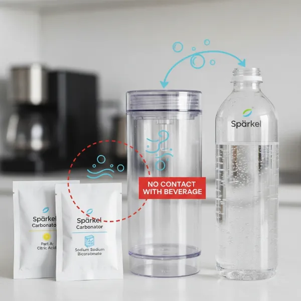 Close-up of Spärkel carbonator sachets and the internal mechanism where they react to produce CO2.