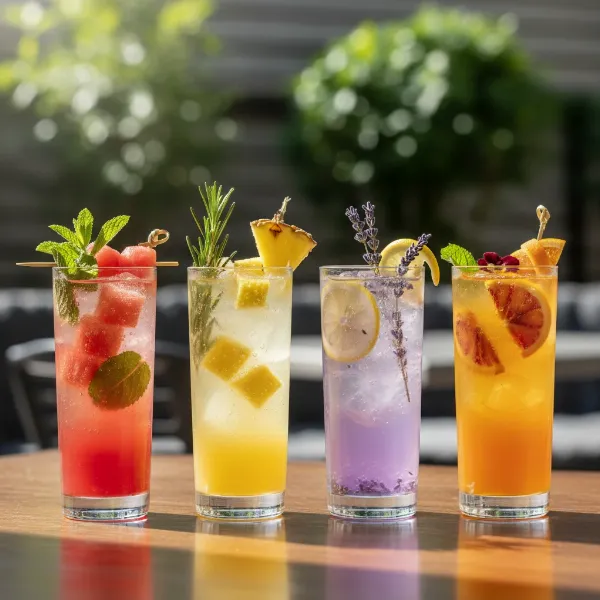 Diverse glasses of sparkling water with various natural fruit and herb infusions