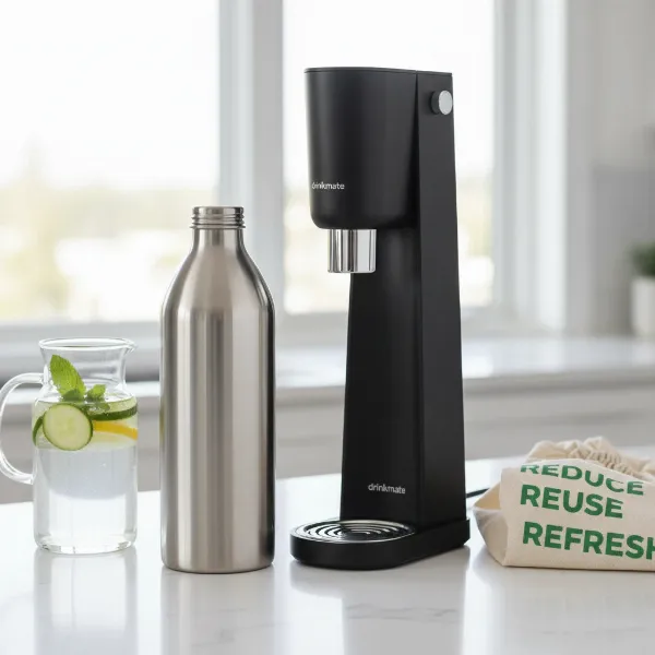 A sleek, insulated stainless steel bottle next to a soda maker, showcasing durability and premium design.