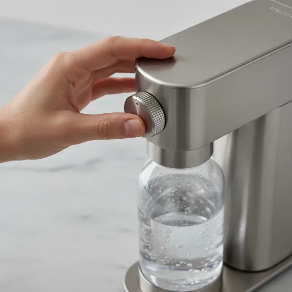Close-up of a hand twisting the Stelton Brus Carbonator's top knob to control fizz levels.