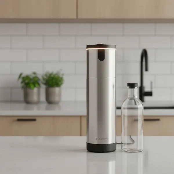 A sleek Stelton Brus Carbonator on a modern kitchen counter, showcasing its minimalist Danish design.