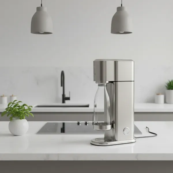 A modern stainless steel soda maker with a glass bottle standing on a minimalist kitchen island, demonstrating elegant design and space efficiency.