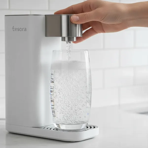 Close-up of hands operating a Tesora Soda Maker, pressing the lever, with sparkling water pouring into a glass.