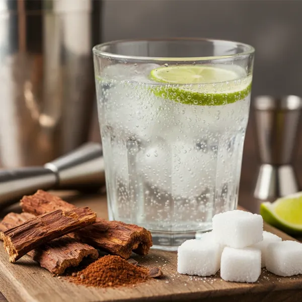 Quinine extract and sugar alongside a glass of tonic water, highlighting its characteristic bitter-sweet components.