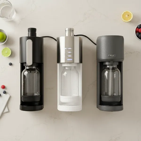 A visual comparison of different soda maker types: manual, electric, and versatile, on a kitchen counter.