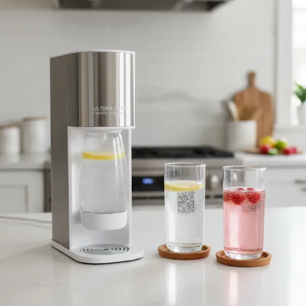 The Ultima Cosa Presto Frizzante soda maker in a modern kitchen setting with prepared drinks.
