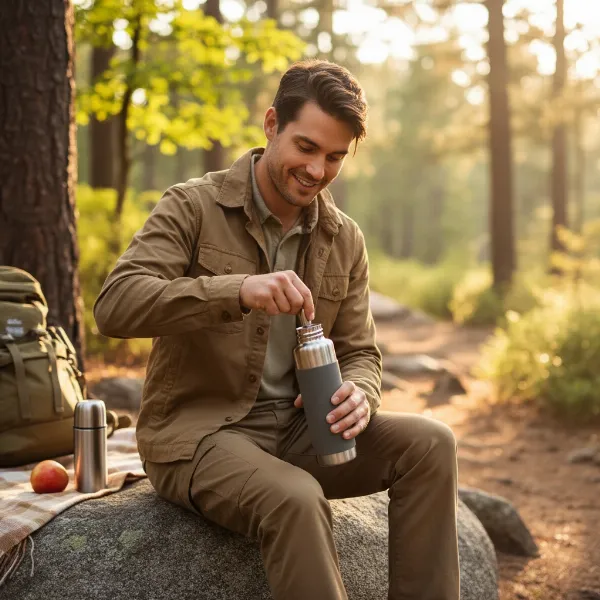 Person using Drinkmate instaFizz to carbonate a drink outdoors, emphasizing portability and ease of use