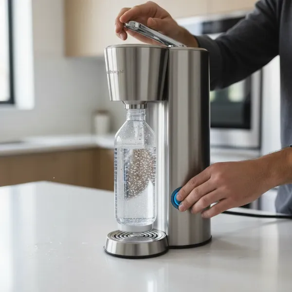 Person actively using a Westinghouse soda maker, carbonating water, showing ease of use.