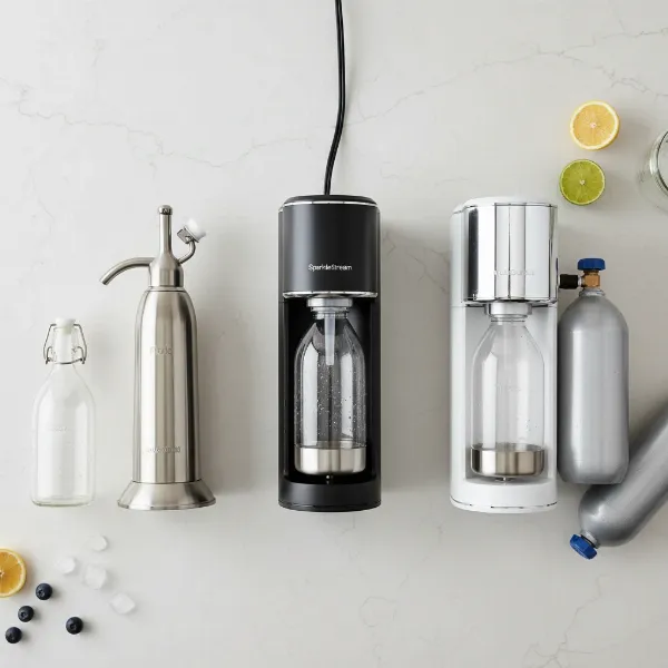 Assortment of different soda makers, including manual, electric, and versatile models, showcasing their unique designs