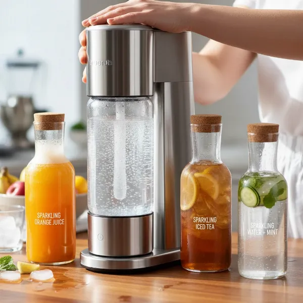 Hands carbonating various liquids like juice, tea, and water using a versatile sparkling water maker.