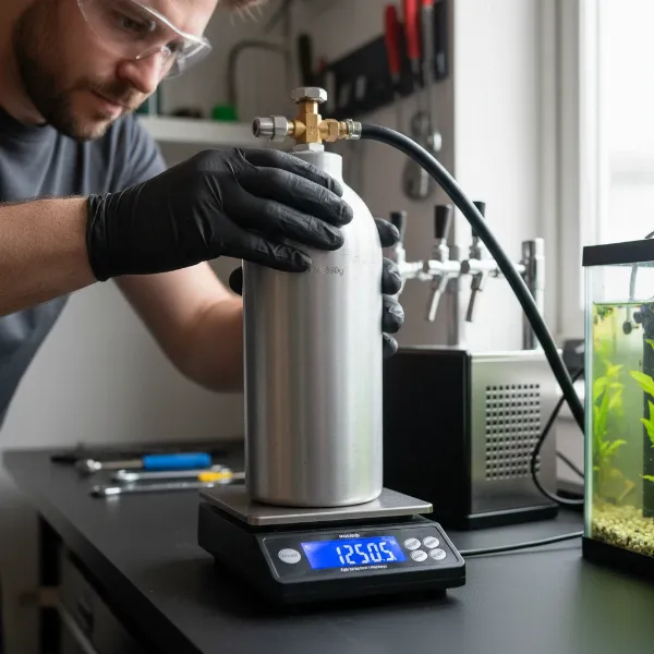 Person weighing a CO2 cylinder on a digital scale to determine remaining carbon dioxide by tare weight.
